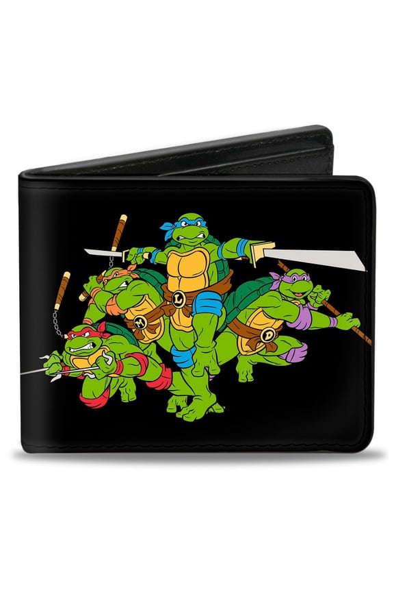 Nickelodeon Wallet, Bifold, Classic TMNT Group Pose TMNT World Tour 84 Black Green, Vegan Leather
