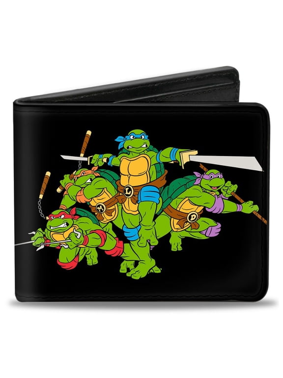Nickelodeon Wallet, Bifold, Classic TMNT Group Pose TMNT World Tour 84 Black Green, Vegan Leather