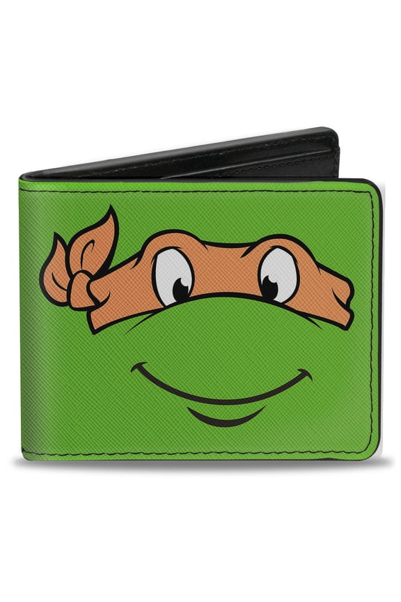 Nickelodeon Wallet, Bifold, Classic TMNT Michaelangelo Face Close Up Green Orange, Vegan Leather