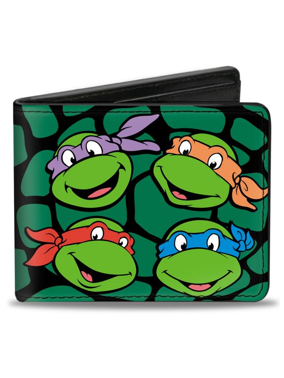Nickelodeon Wallet, Bifold, Classic TMNT Turtle Faces Black Green Turtle Shell, Vegan Leather