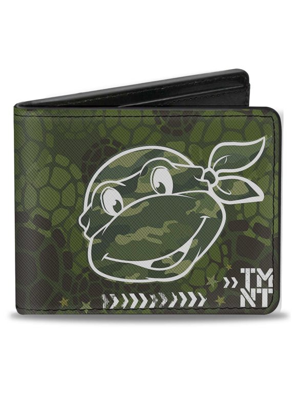 Nickelodeon Wallet, Bifold, Classic Turtle Face TMNT Turtle Shell Camo Olive White, Vegan Leather