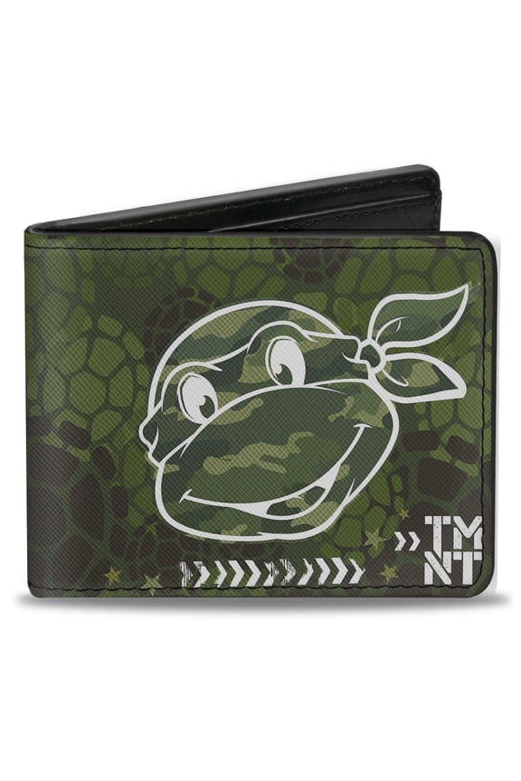 Nickelodeon Wallet, Bifold, Classic Turtle Face TMNT Turtle Shell Camo Olive White, Vegan Leather
