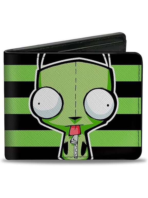Nickelodeon Wallet, Bifold, Invader Zim GIR Pose Stripe Green Black, Vegan Leather