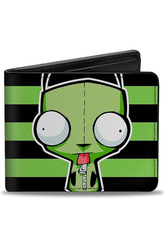 Nickelodeon Wallet, Bifold, Invader Zim GIR Pose Stripe Green Black, Vegan Leather