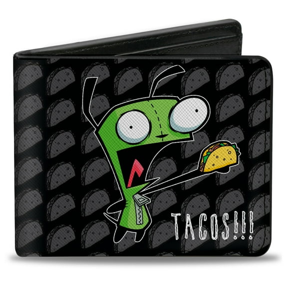 Nickelodeon Wallet, Bifold, Invader Zim GIR Tacos Pose Taco Monogram Black Gray, Vegan Leather