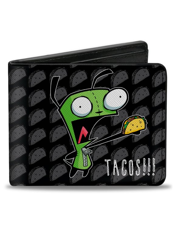 Nickelodeon Wallet, Bifold, Invader Zim GIR Tacos Pose Taco Monogram Black Gray, Vegan Leather