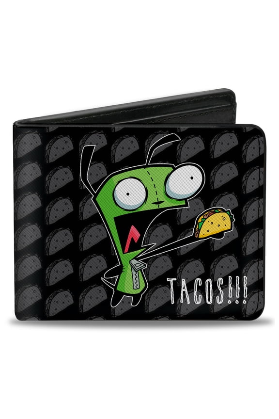 Nickelodeon Wallet, Bifold, Invader Zim GIR Tacos Pose Taco Monogram Black Gray, Vegan Leather