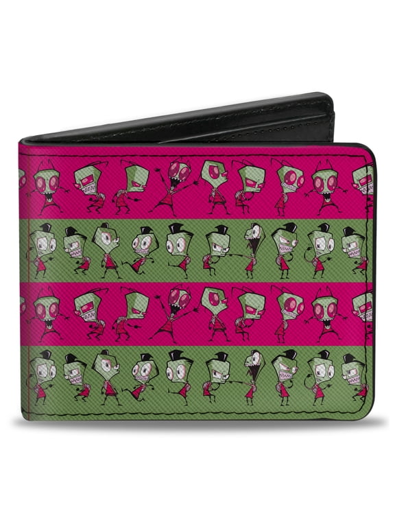 Nickelodeon Wallet, Bifold, Invader Zim and Human Disguise Poses Stripe Pink Green, Vegan Leather