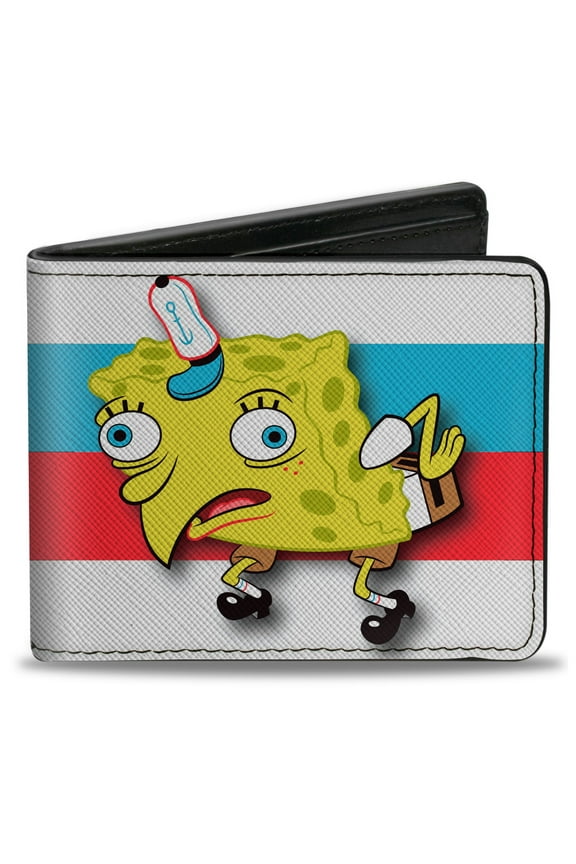 Nickelodeon Wallet, Bifold, Mocking Spongebob Pose Stripe White Black Red Blue, Vegan Leather