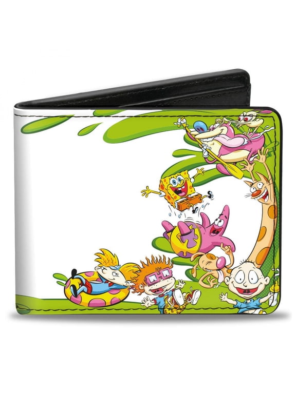Wallet, Bifold, Nick 90s Character Mash Up and Nickelodeon Splat Logo White, Vegan Leather