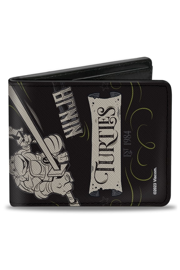Nickelodeon Wallet, Bifold, Ninja Turtles Est. 1984 Action Poses Black White, Vegan Leather