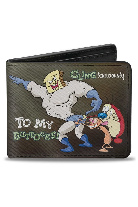 Nickelodeon Wallet, Bifold, Ren and Stimpy Powdered Toastman Cling Tenaciously Quote, Vegan Leather