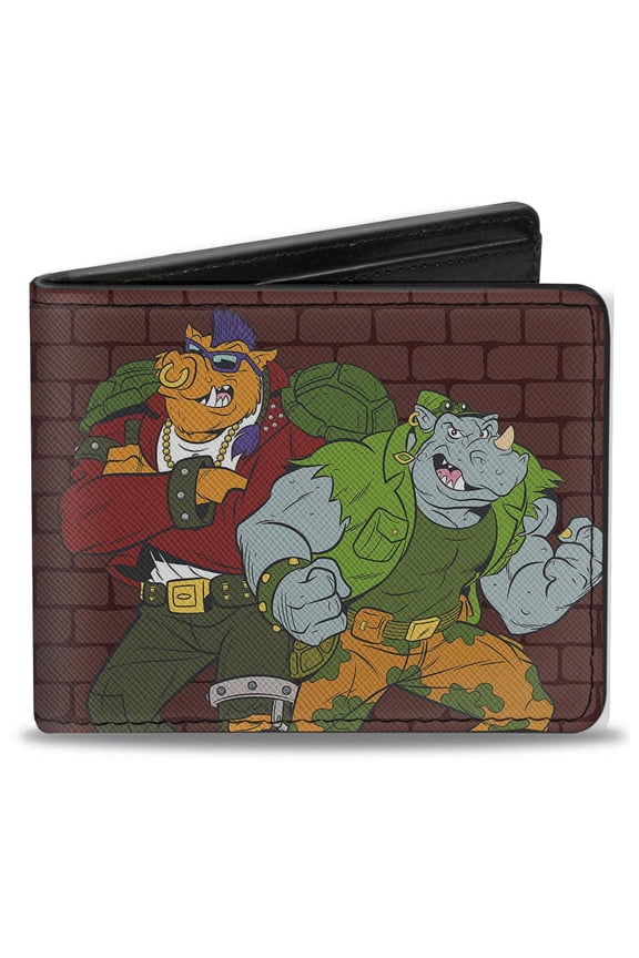 Nickelodeon Wallet, Bifold, Rocksteady Bebop Pose TMNT Logo Bricks, Vegan Leather