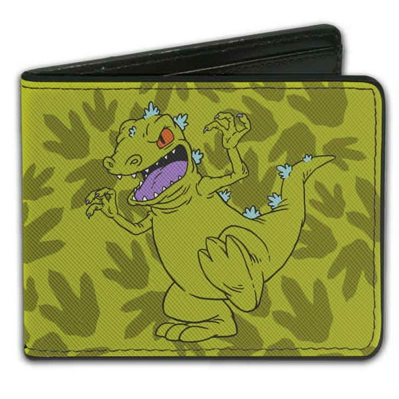 Nickelodeon Wallet, Bifold, Rugrats Reptar 2 Poses Footprints Scattered Greens, Vegan Leather