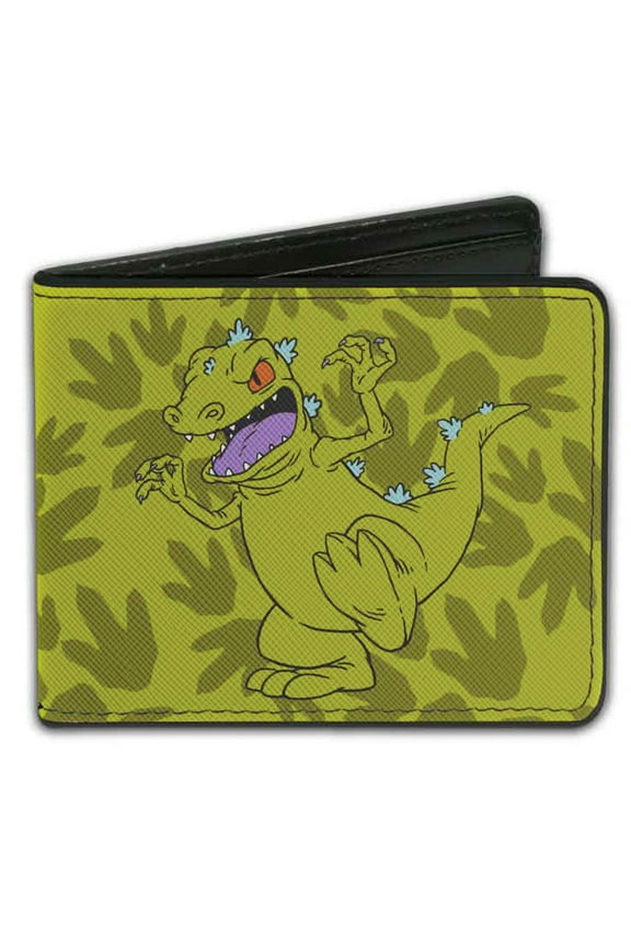 Nickelodeon Wallet, Bifold, Rugrats Reptar 2 Poses Footprints Scattered Greens, Vegan Leather