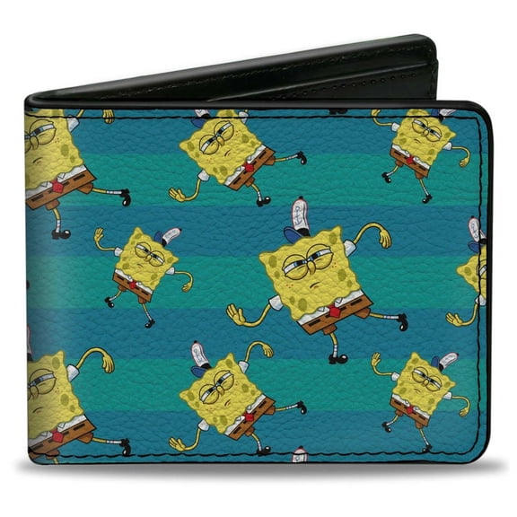 Nickelodeon Wallet, Bifold, SpongeBob Dancing Pose Scattered Stripe Teal Blues, Vegan Leather