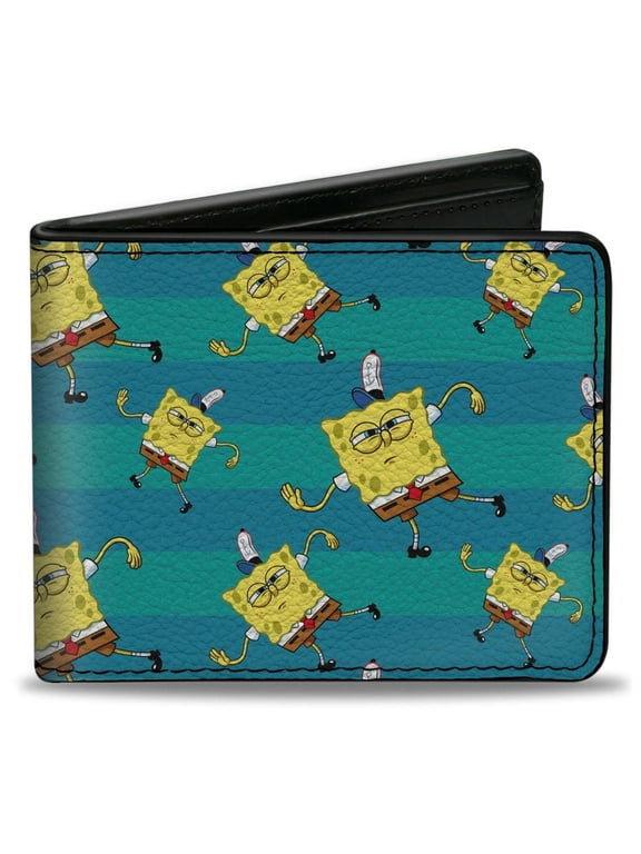 Nickelodeon Wallet, Bifold, SpongeBob Dancing Pose Scattered Stripe Teal Blues, Vegan Leather