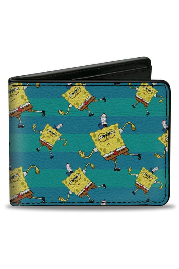 Nickelodeon Wallet, Bifold, SpongeBob Dancing Pose Scattered Stripe Teal Blues, Vegan Leather