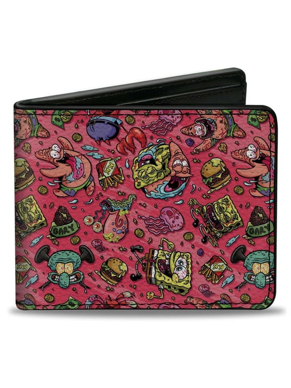Nickelodeon Wallet, Bifold, SpongeBob Funky Character Swirl Collage Pinks, Vegan Leather
