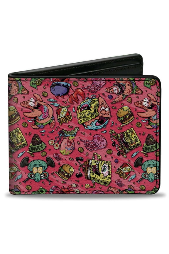 Nickelodeon Wallet, Bifold, SpongeBob Funky Character Swirl Collage Pinks, Vegan Leather