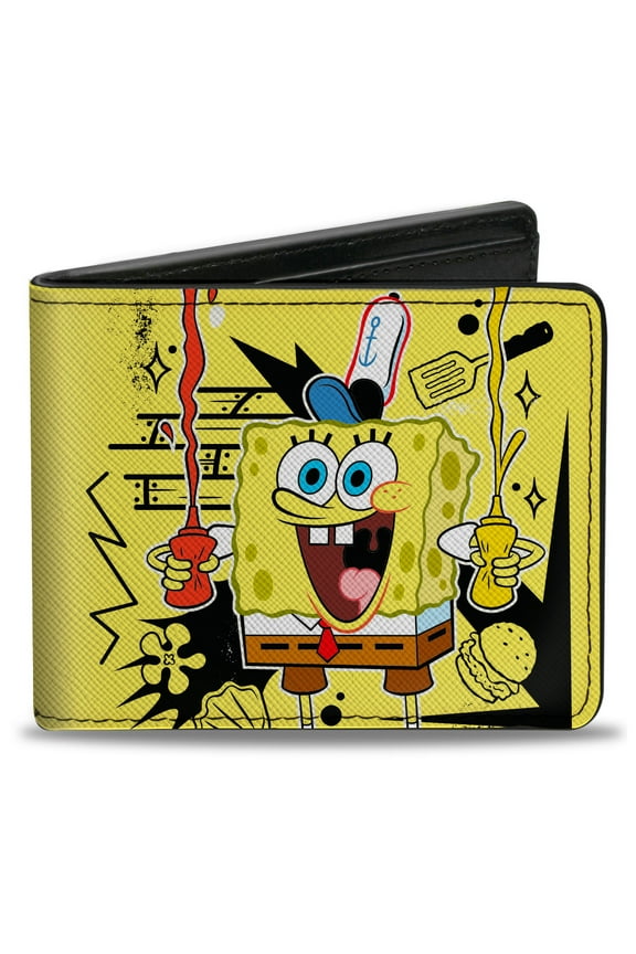Nickelodeon Wallet, Bifold, SpongeBob Krabby Patty Condiments Pose Yellow Black, Vegan Leather