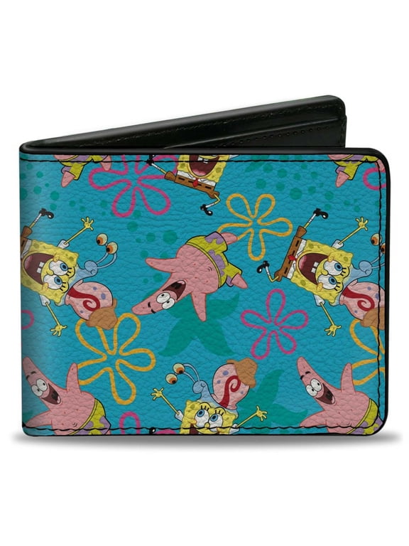 Nickelodeon Wallet, Bifold, SpongeBob Patrick and Gary Joy Poses and Flowers Blues, Vegan Leather