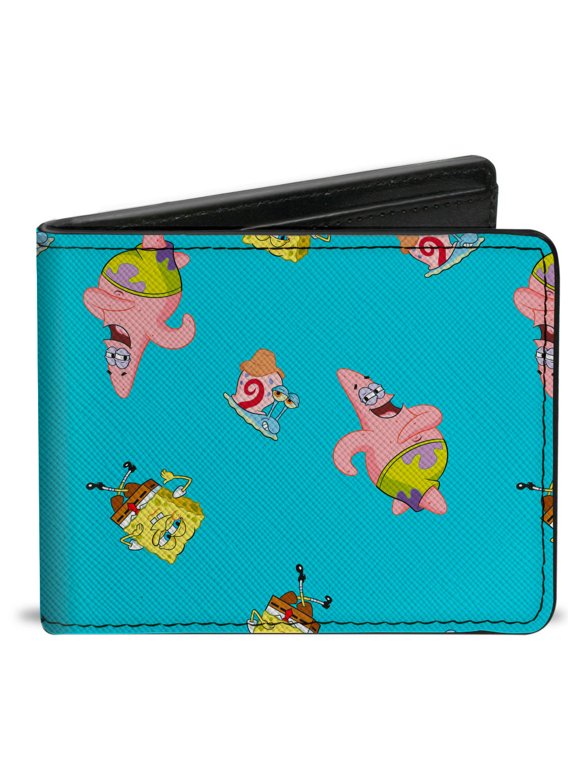 Nickelodeon Wallet, Bifold, SpongeBob Patrick and Gary Poses Scattered Bright Blue, Vegan Leather