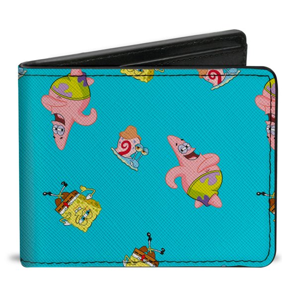 Nickelodeon Wallet, Bifold, SpongeBob Patrick and Gary Poses Scattered Bright Blue, Vegan Leather