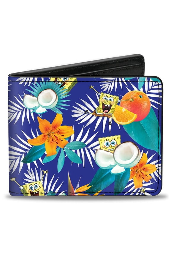 Nickelodeon Wallet, Bifold, SpongeBob Poses Tropical Orange and Coconut Collage Blues, Vegan Leather