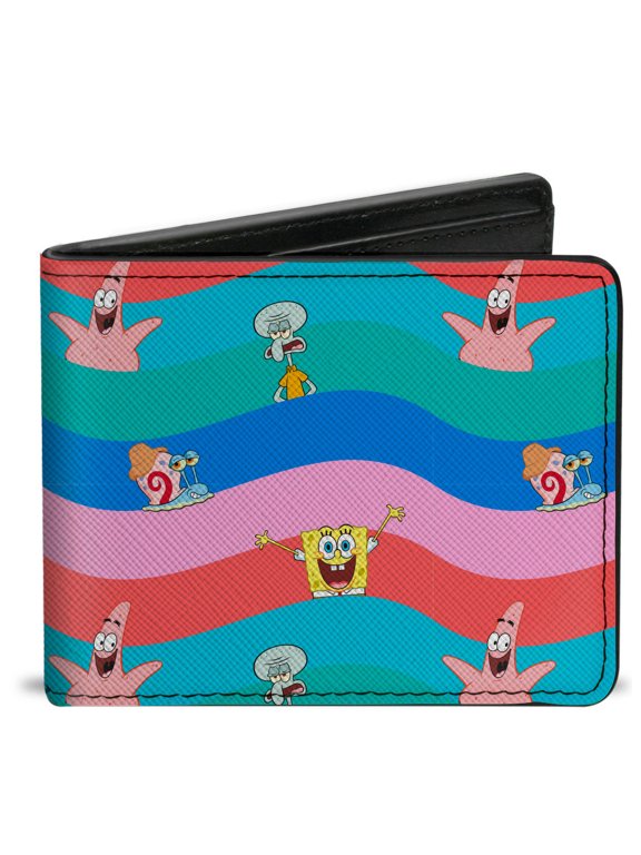 Nickelodeon Wallet, Bifold, SpongeBob SquarePants and Friends Poses Wavy Stripe Blues Red, Vegan Leather