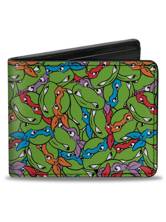 Nickelodeon Wallet, Bifold, Teenage Mutant Ninja Turtles Faces Stacked Green Multi Color, Vegan Leather