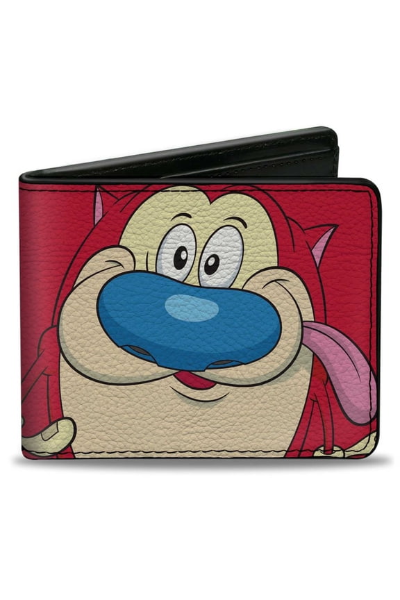 Nickelodeon Wallet, Bifold, The Ren and Stimpy Show Stimpy Face and Logo Red, Vegan Leather