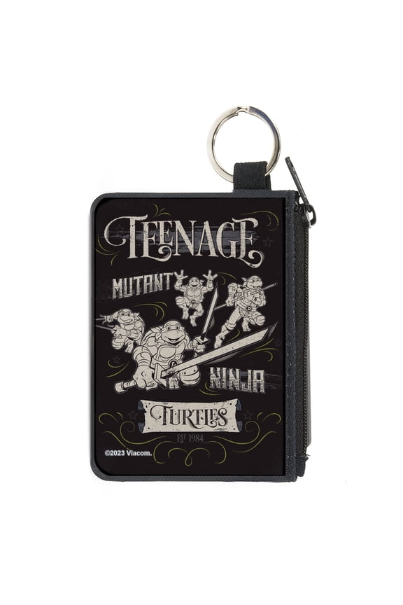 Nickelodeon Wallet, Coin Purse, Ninja Turtles Est. 1984 Action Poses Black White, Canvas