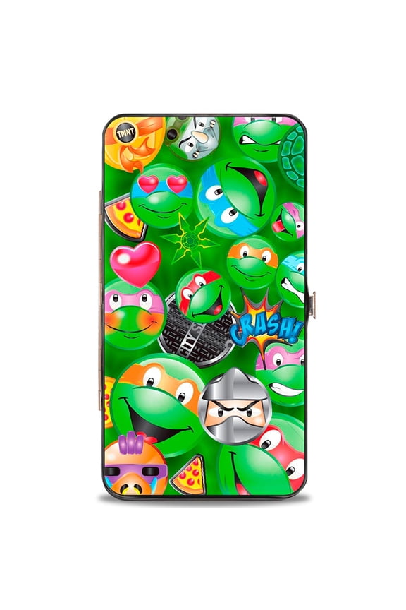 Nickelodeon Wallet, Hinged, Classic TMNT Turtle Villain Pizza Turtle Shell Buttons Greens, Vegan Leather