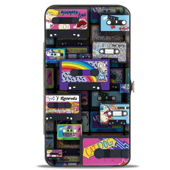 Nickelodeon Wallet, Hinged, Nick 90s Rewind Mash Up Cassette Tapes Collage Black, Vegan Leather