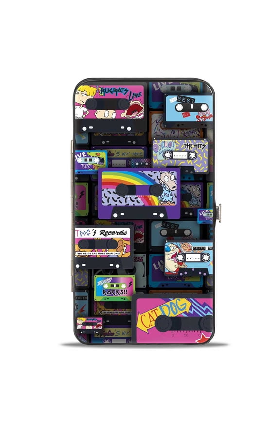 Nickelodeon Wallet, Hinged, Nick 90s Rewind Mash Up Cassette Tapes Collage Black, Vegan Leather