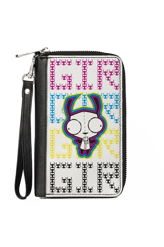 Nickelodeon Wallet, Zip Around, Invader Zim Gir Pose and Text White Multi Color, Vegan Leather