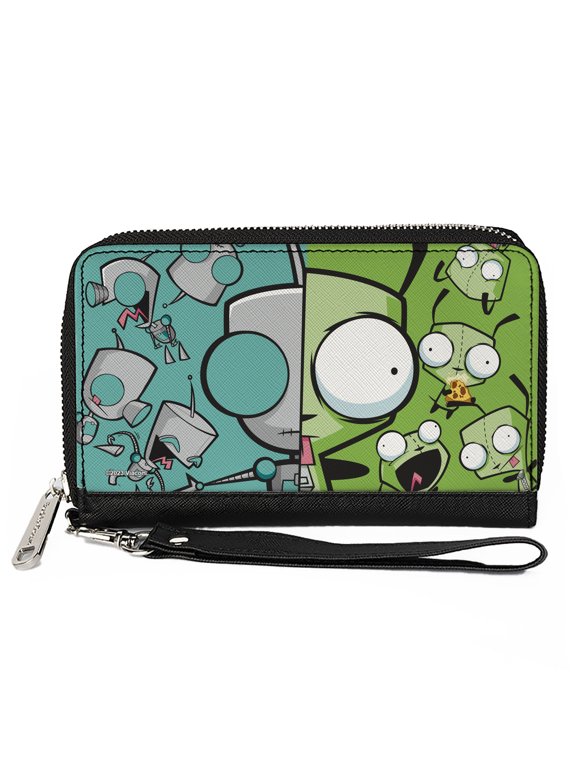 Nickelodeon Wallet, Zip Around, Invader Zim Gir Split Close Up and Poses Blue Green, Vegan Leather