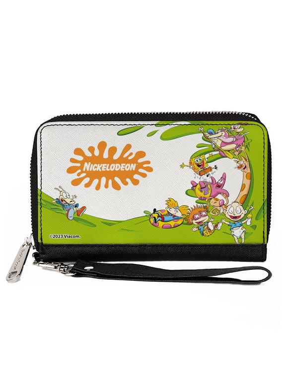 Nickelodeon Wallet, Zip Around, Nick 90s Character Mash Up And Nickelodeon Splat Logo White , Vegan Leather