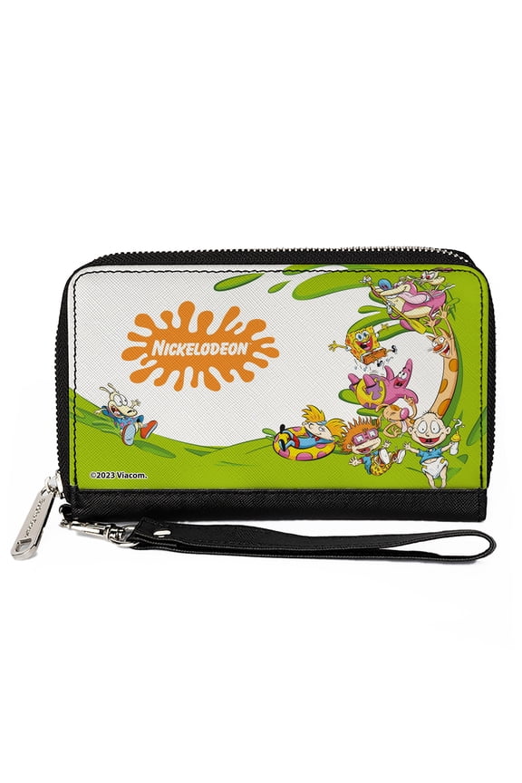 Nickelodeon Wallet, Zip Around, Nick 90s Character Mash Up And Nickelodeon Splat Logo White , Vegan Leather