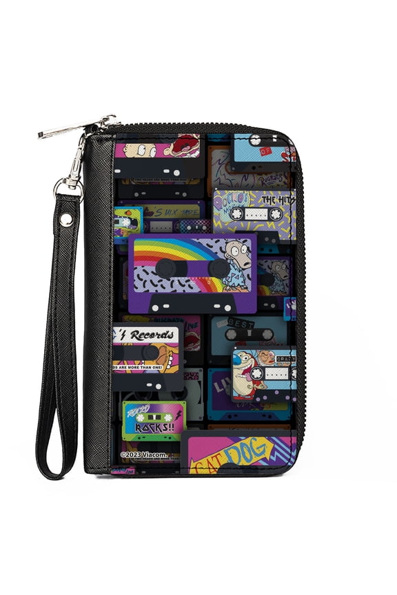 Nickelodeon Wallet, Zip Around, Nick 90s Rewind Mash Up Cassette Tapes Collage Black , Vegan Leather