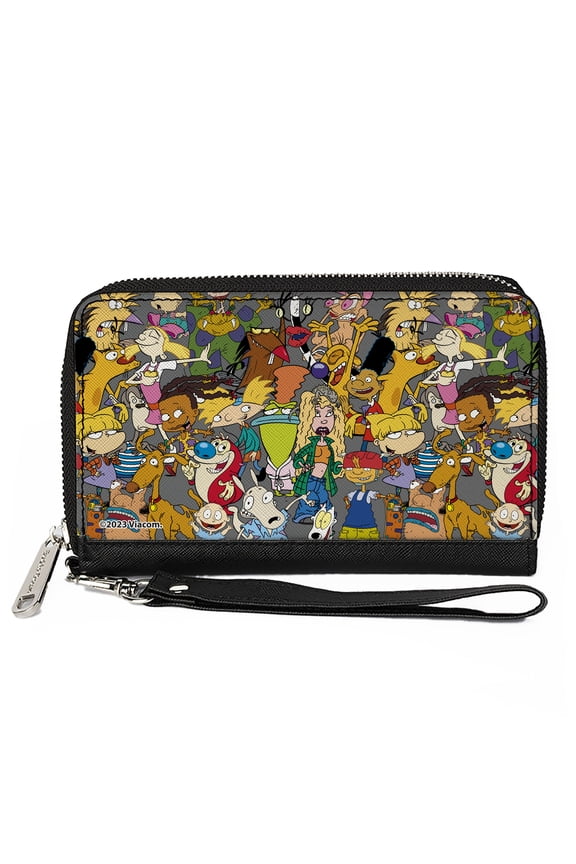 Nickelodeon Wallet, Zip Around, Nick 90s Rewind Mutli Character Mash Up Collage Gray , Vegan Leather