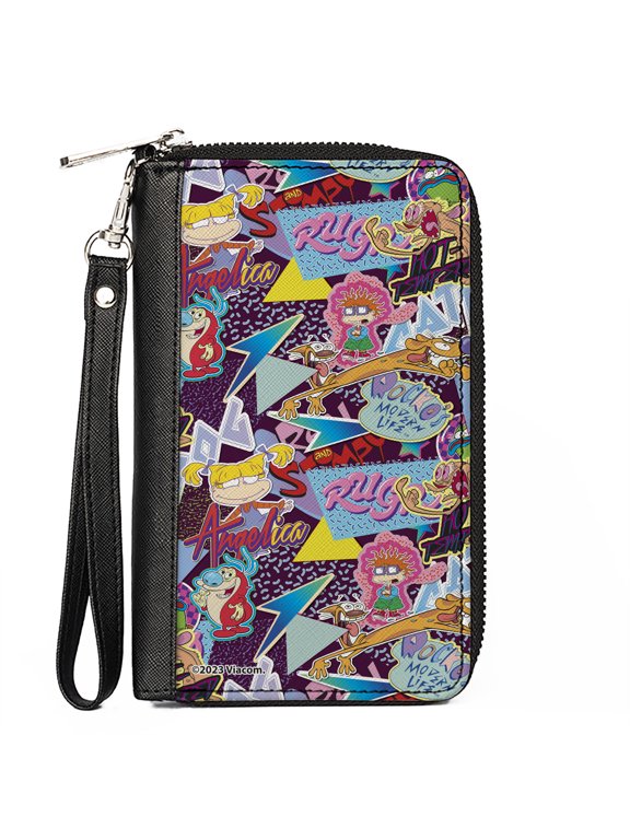 Nickelodeon Wallet, Zip Around, Nick 90s Show Logos And Characters Collage Purple Multi Color , Vegan Leather