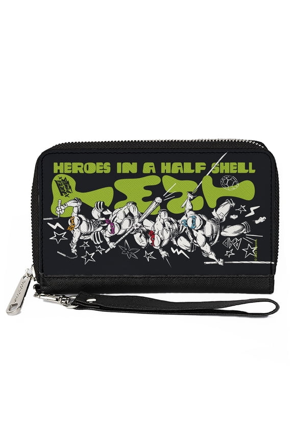 Nickelodeon Wallet, Zip Around, Ninja Turtles TMNT Turtles in a Half Shell Action Poses Black, Vegan Leather