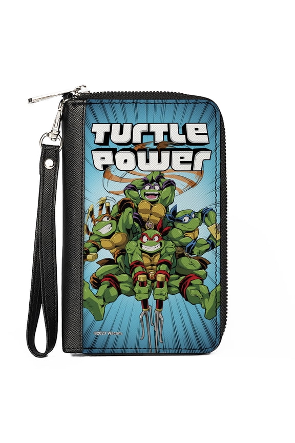 Nickelodeon Wallet, Zip Around, Ninja Turtles Turtle Power Group Pose Rays Blues, Vegan Leather