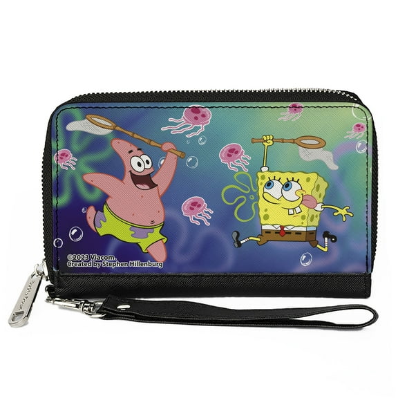 Nickelodeon Wallet, Zip Around, Patrick Star and Spongebob Jellyfishing Jellyfish Catch Pose, Vegan Leather