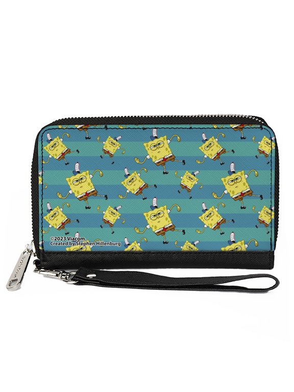 Nickelodeon Wallet, Zip Around, SpongeBob Dancing Pose Scattered Stripe Teal Blues, Vegan Leather