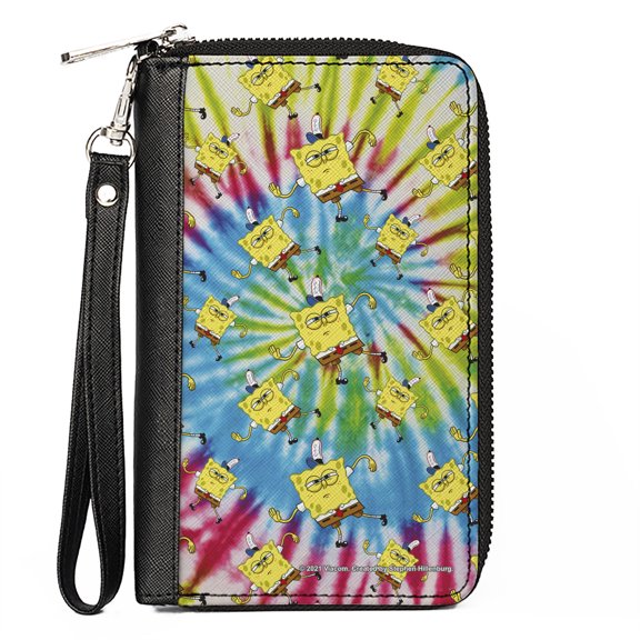 Nickelodeon Wallet, Zip Around, SpongeBob Dancing Pose Scattered Tie Dye Multi Color, Vegan Leather