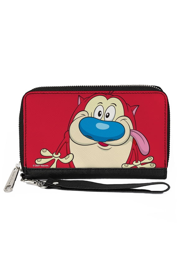 Nickelodeon Wallet, Zip Around, The Ren and Stimpy Show Stimpy Smiling Pose Close Up Red, Vegan Leather