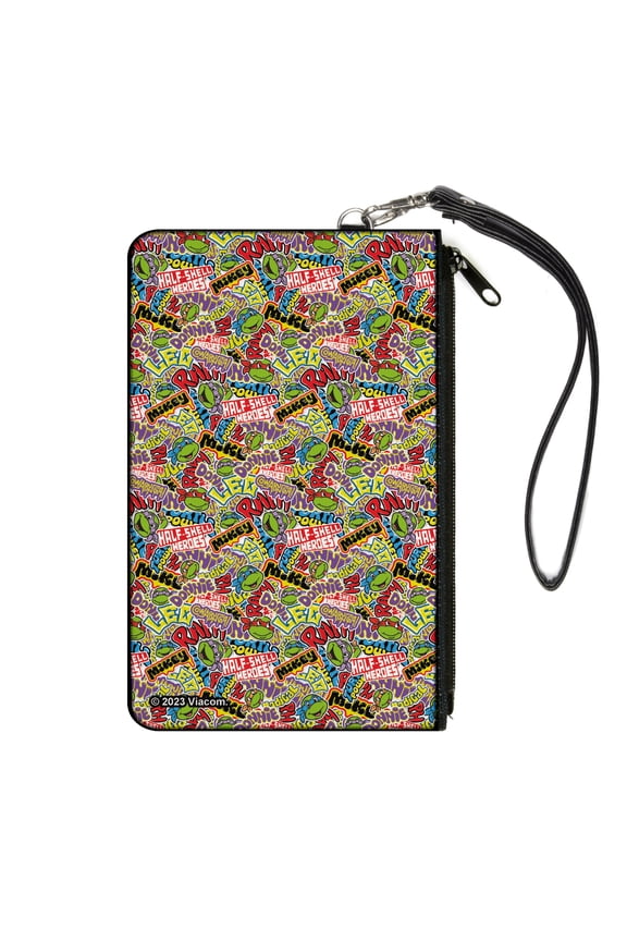 Nickelodeon Wallet, Zip Clutch, Ninja Turtles Sticker Slaps Collage White Multi Color, Canvas